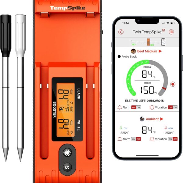 ThermoPro TempSpike Wireless Meat Thermometer with 2 Meat Probes, 500FT Bluetooth Food Thermometer for Cooking with LCD-Enhanced Booster for Turkey Beef Rotisserie BBQ Oven Smoker Thermometer