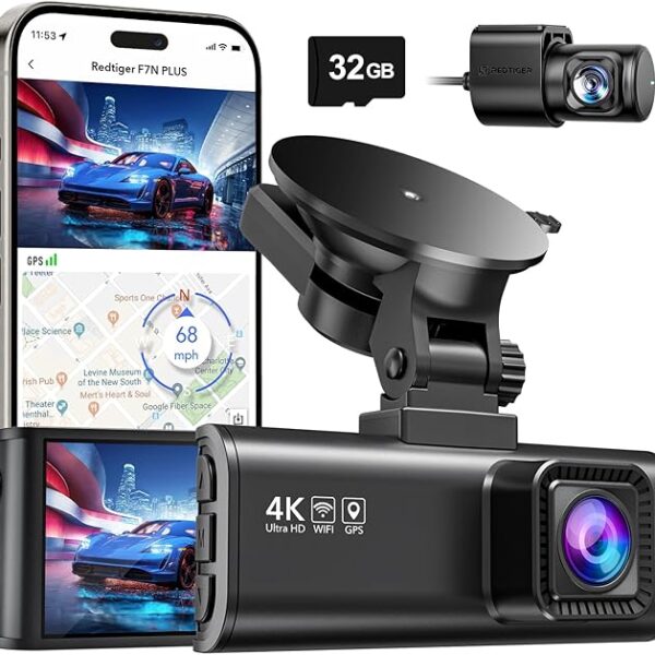 REDTIGER Dash Cam Front Rear, 4K/2.5K Full HD Dash Camera for Cars, Included 32GB Card, Built-in Wi-Fi GPS, 3.16” IPS Screen, Night Vision, 170°Wide Angle, WDR, 24H Parking Mode(F7NP)